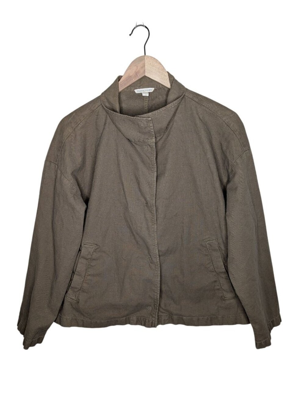 Eileen Fisher Organic Cotton Hemp Stand Collar Jacket Large Olive Green